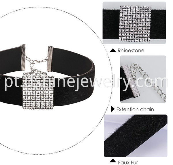 Rhinestone Centre Section Fur Leather Necklace